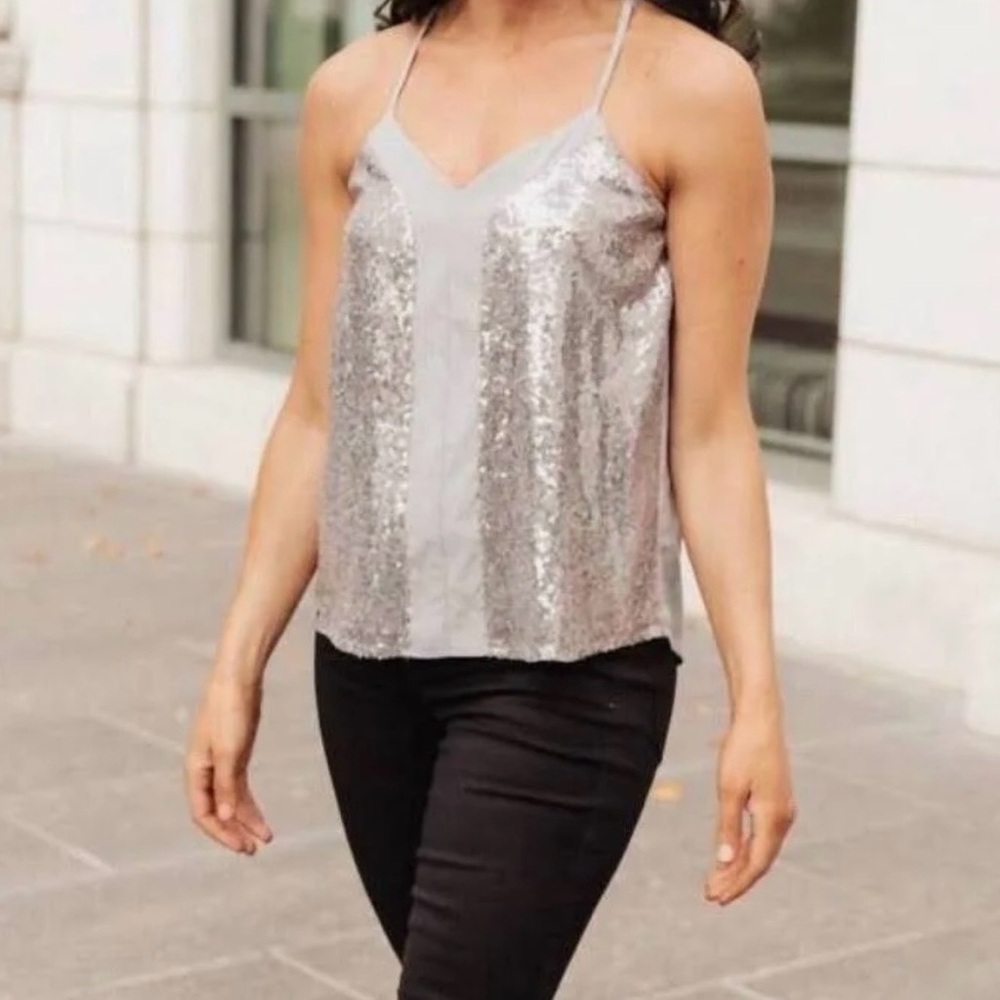 ANDREE BY UNIT Silver Sequin V-Neck Spaghetti Strap Camisole